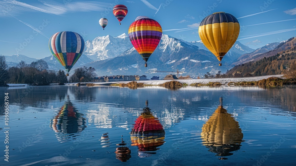 Fototapeta premium Colorful hot air balloons floating over a serene lake and mountains.