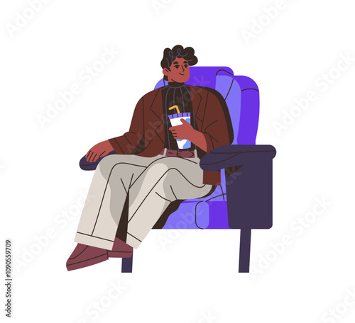 Black person with drink sits and watches movie in cinema front view. Young man in seat watching film, theater alone. Character enjoys performance in theatre. Flat isolated vector illustration on white