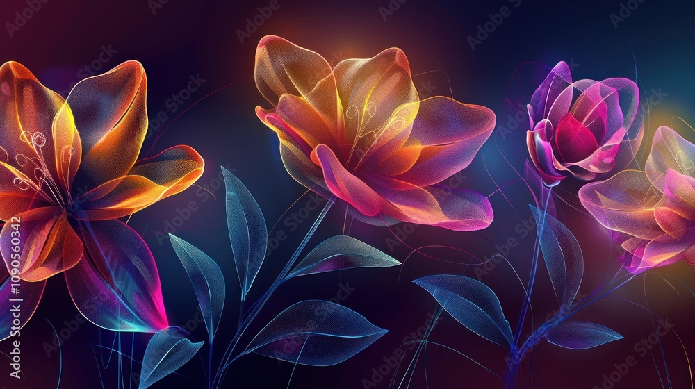 Fototapeta premium Glowing neon flowers on dark background.