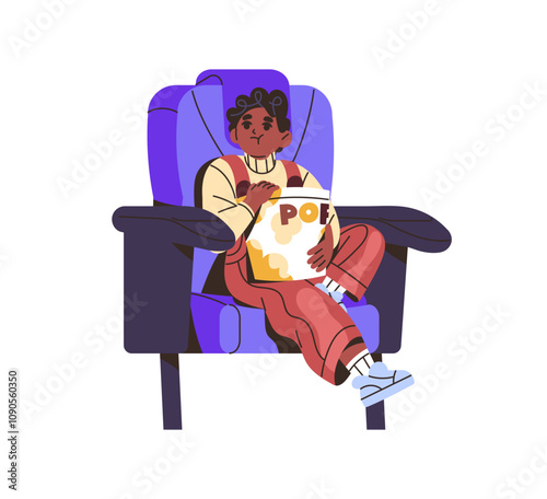 Little boy or girl eats popcorn during watching movie in cinema front view. Cute kid in seat watches film in theatre. Black child with snack sits in theater. Flat isolated vector illustration on white