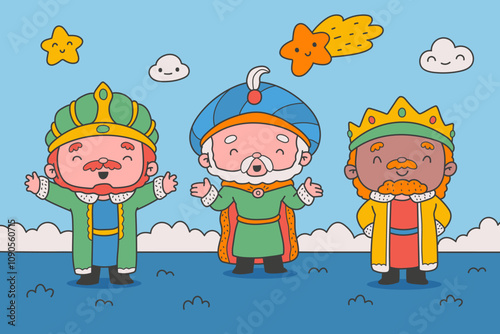 Hand drawn reyes magos characters in cartoon style