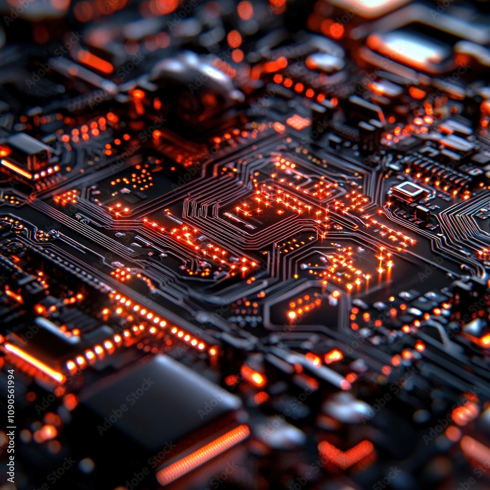 A vibrant close-up of a circuit board featuring intricate pathways and glowing components in red and orange tones. A vibrant close-up of a circuit board featuring intricate pathways and glowing components in red and orange tones.