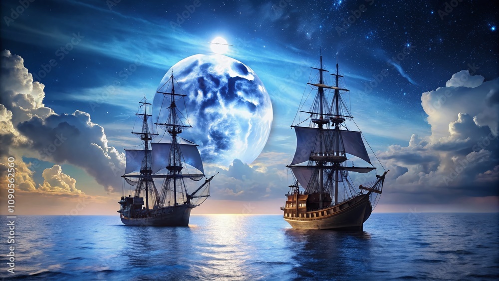 Fototapeta premium Majestic Galleons Sailing Under a Full Moon - Captivating Maritime Scene in 4K Time-Lapse Animation Background for Fashion Photography Inspiration
