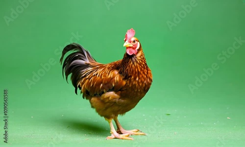 Brown hen walking on a green screen Perfect for animal, farm, and Easter themes photo