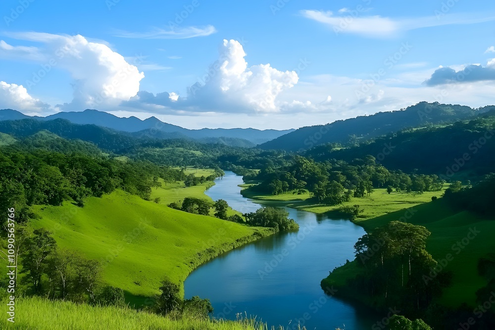 Fototapeta premium Winding River Surrounded by Lush Green Hills and Forest