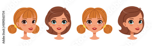 Teen Girl Face Head with Different Emotion Vector Set