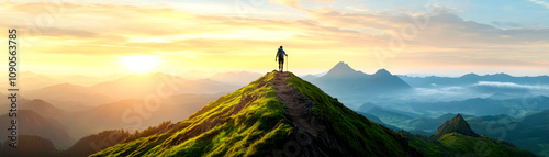 A person stands on a grassy mountain peak, silhouetted against a colorful sunset, surrounded by distant hills and clouds.