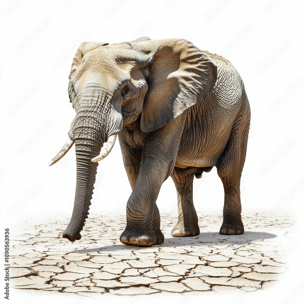 Fototapeta premium Large elephant walks on cracked, dry earth.