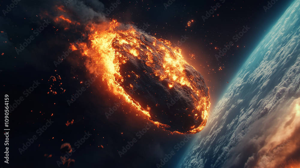 Obraz premium A massive fiery asteroid descends towards Earth, leaving a trail of glowing debris in the vastness of space.