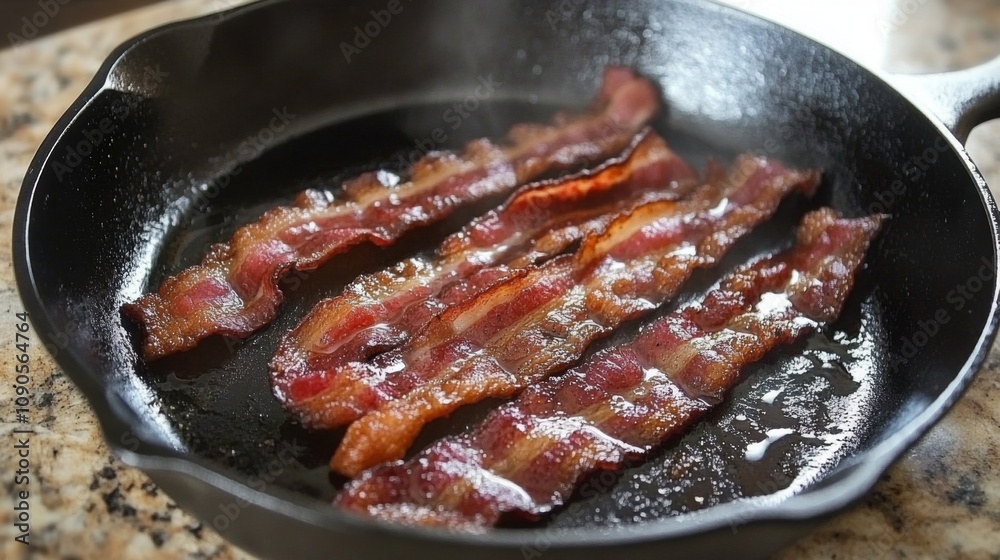 Fototapeta premium Crispy Bacon Strips Sizzling in a Cast Iron Skillet on a Kitchen Counter with Warm Steam Rising and Glimmering Oil Filling the Pan