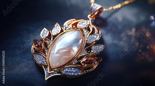 A close-up of an elegant gold pendant featuring a detailed design with a large marquise gemstone and surrounding sparkling stones.