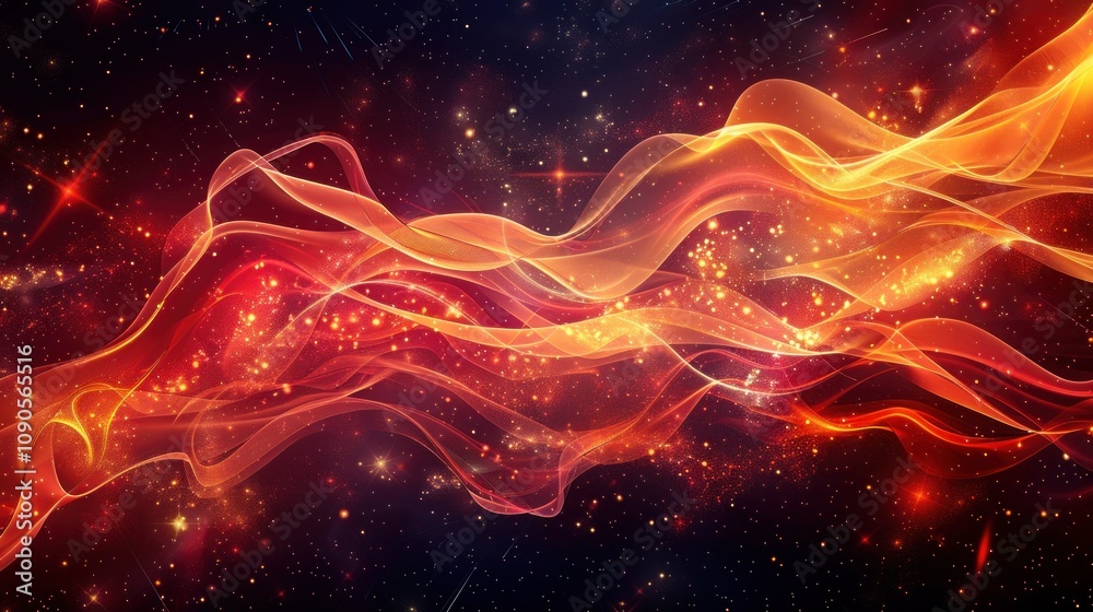 Obraz premium Abstract fiery cosmic wave with glittering particles in dark space.