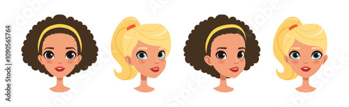 Teen Girl Face Head with Different Emotion Vector Set