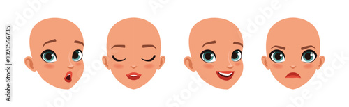 Teen Bald Girl Face Head with Different Emotion Vector Set