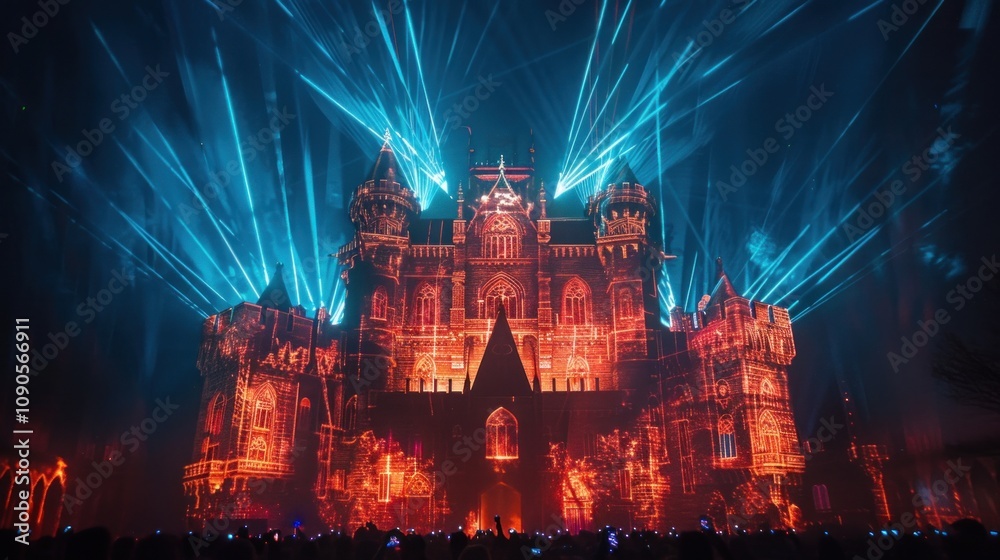 Fototapeta premium A vibrant light show illuminating a grand castle structure.