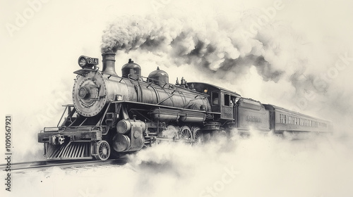 Vintage pencil sketch drawing of a steam locomotive