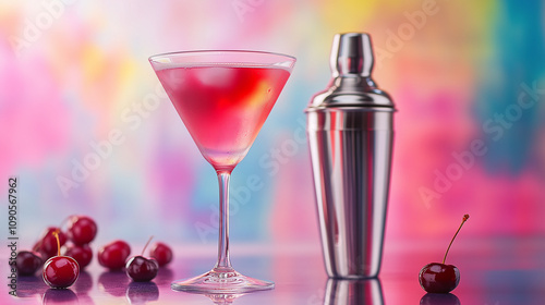 A chilled Cosmopolitan cocktail in a martini glass with cherries and a metallic shaker against a colorful abstract background. photo