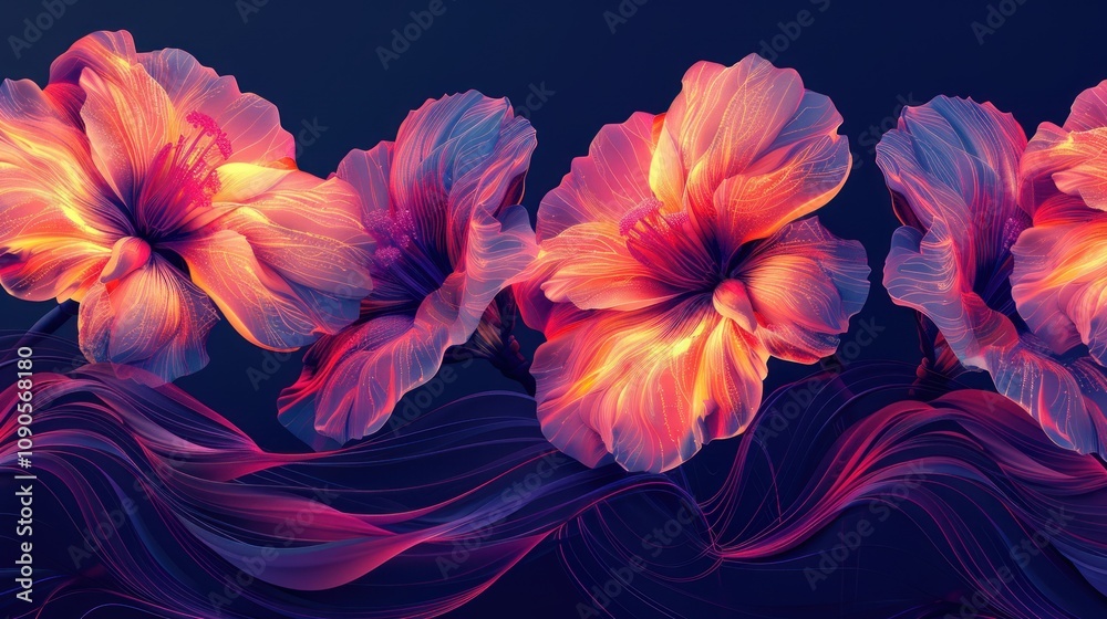 Fototapeta premium Vibrant hibiscus flowers on abstract waves.