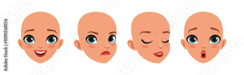 Teen Bald Girl Face Head with Different Emotion Vector Set