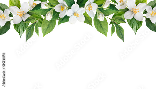 Green Vine Isolated on Transparent Background with Watercolor jasmine Leaves and jasmine flower for Invitations, corner border