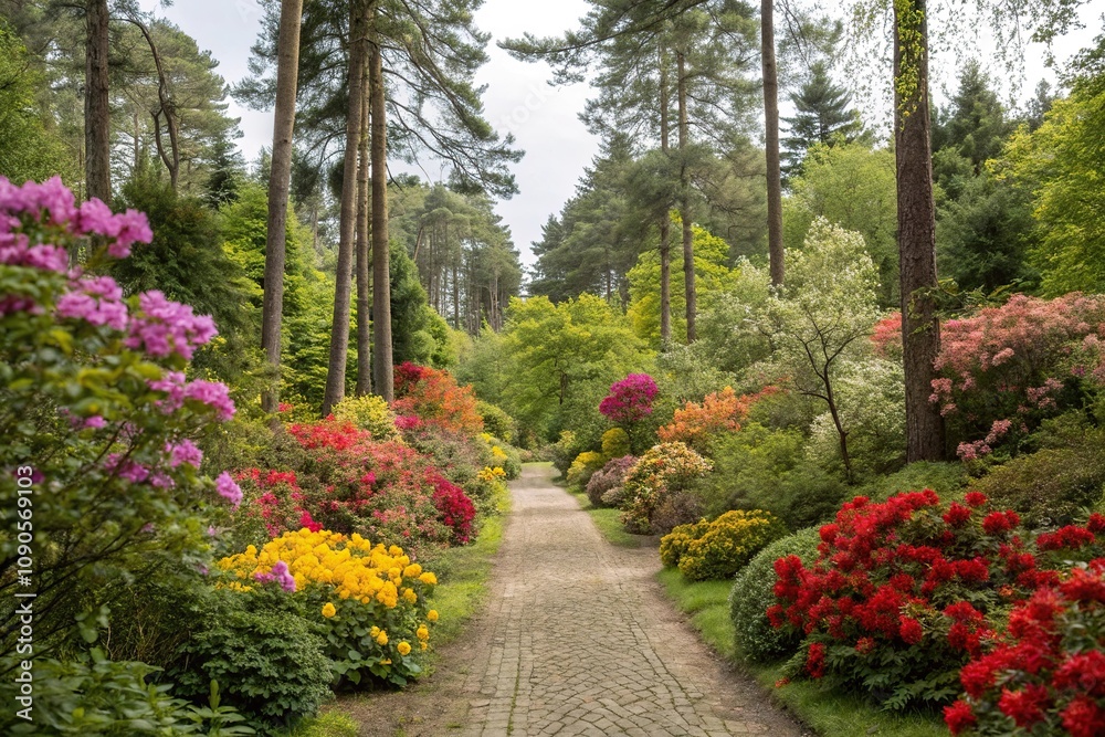 A colorful garden path lined with blooming flowers and surrounded by tall trees and lush greenery, flower arrangement, park scenery, ornamental plants, verdant landscape A colorful garden path lined with blooming flowers and surrounded by tall trees and lush greenery, flower arrangement, park scenery, ornamental plants, verdant landscape