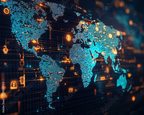 A digital currencydriven world map, highlighting emerging market economies with blockchain symbols and financial data indicators, emphasizing their growing economic influence