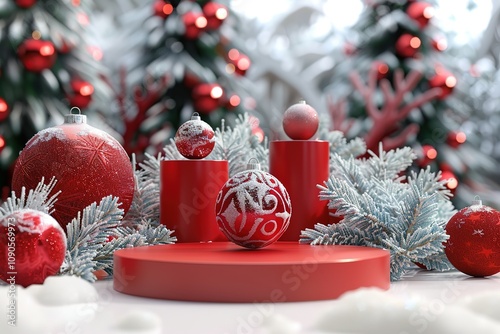 Three blank red podiums stage with christmas balls. Christmas theme decorationChristmas background with border from pine branches and decorations on 3D Rendering Christmas interior in night colors  photo