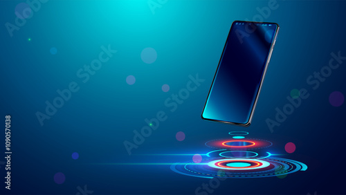 Phone on tech circle stage. Phone mockup on futuristic podium. Phone in air over podium for presentation. Smartphone or gadget mockup advertising on future digital platform. HUD stage design.