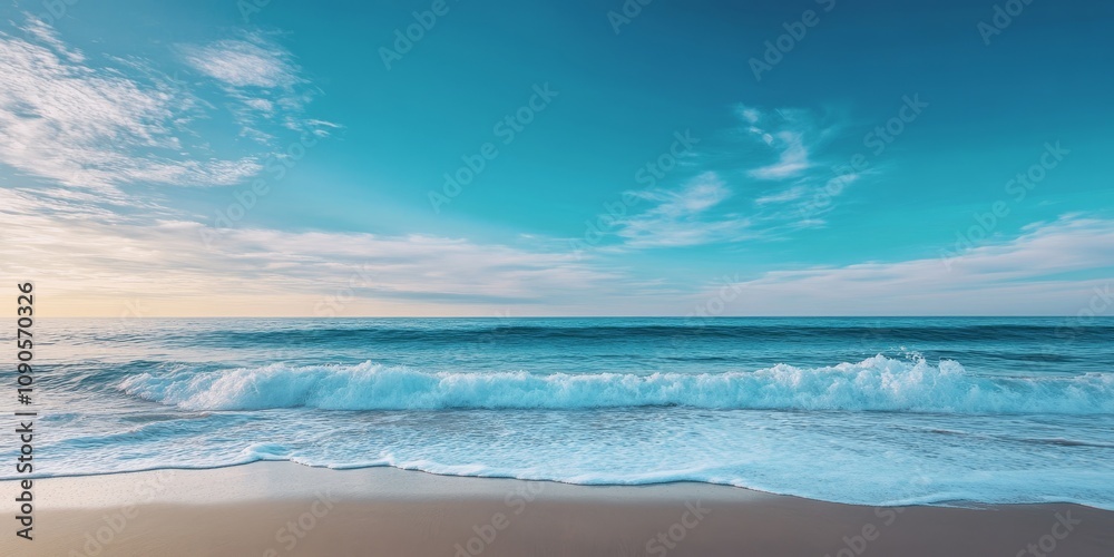 Fototapeta premium Scenic view of the seashore with a vibrant horizon featuring a blue sky. This captivating sea landscape is perfect for travel enthusiasts seeking serene coastal imagery.