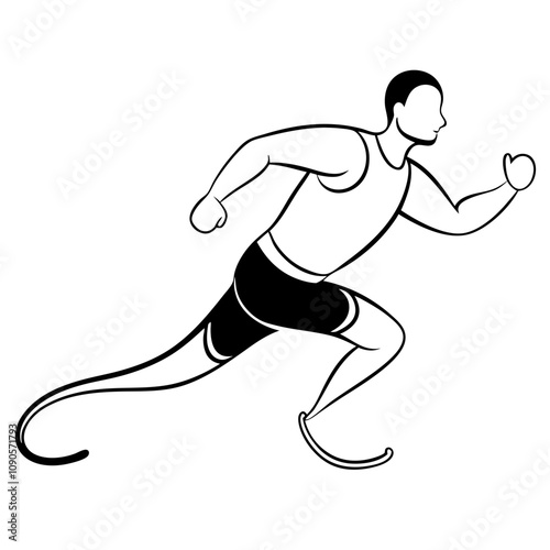 Dynamic athlete competing in paralympic running event with advanced running prosthetics, black-line drawing
