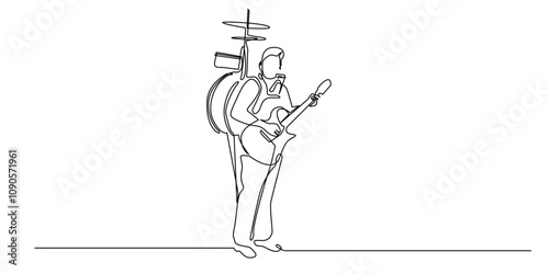 continuous line drawing of a man with various musical instruments on his back.one line drawing of a man with a super bag containing musical instruments.single line vector illustration
