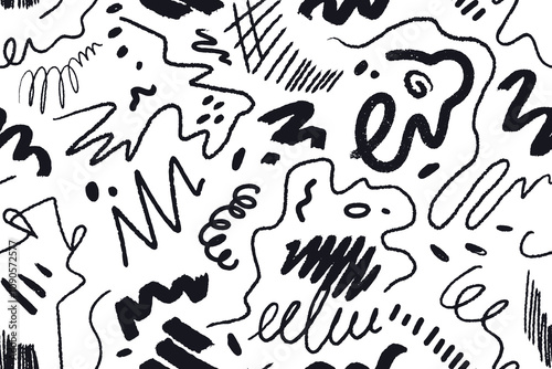 Scribbles and doodles, seamless pattern. Endless background drawing, black and white ink lines. Abstract repeating print, texture for fabric, wallpaper and wrapping. Hand-drawn vector illustration