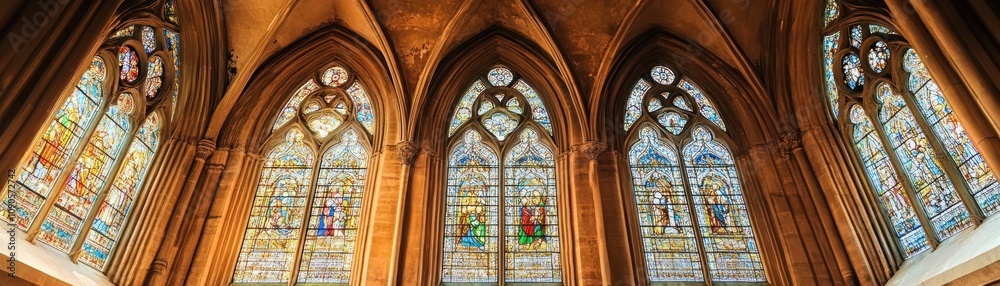 Fototapeta premium Stained glass windows depicting religious scenes in a grand architectural setting.