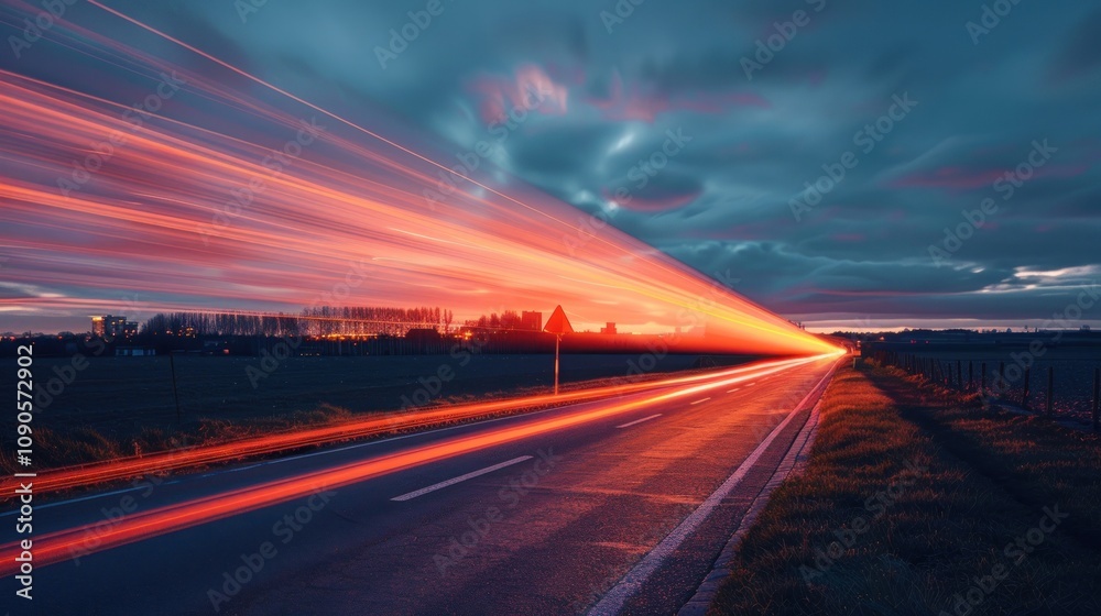 Obraz premium Dramatic sunset light trails on a rural road.