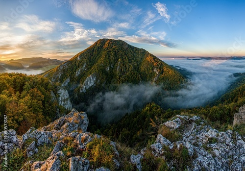 Panorama Mountains in low clouds at sunrise in autumn. View of mountain peak in fog in fall. Beautiful landscape with rocks, forest, sun, blue sky. Top view of mountain valley in clouds. Foggy hills photo