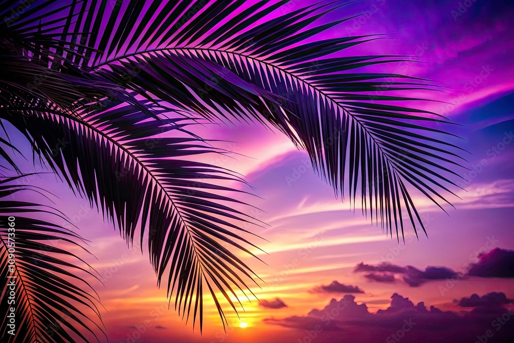 Minimalist Palm Leaves Silhouette Against Vibrant Purple Sky - Tropical Nature Aesthetic Minimalist Palm Leaves Silhouette Against Vibrant Purple Sky - Tropical Nature Aesthetic