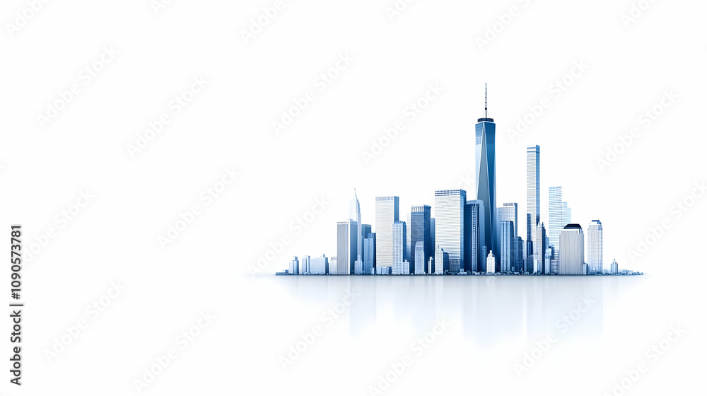 Fototapeta premium Modern cityscape vector icon collection. Includes skyscrapers, office buildings, urban landscape. Created in blue style with white background.