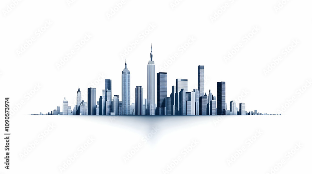 Fototapeta premium Modern city skyline icon collection. Includes skyscrapers, office buildings, urban landscape. Created in blue monochrome style with gradient effect