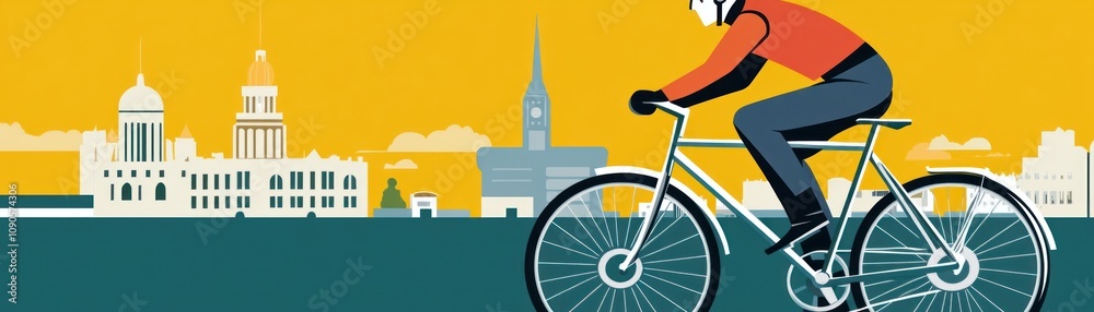 Fototapeta premium A cyclist rides through a city with a bright yellow sky.