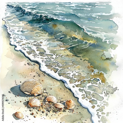 Watercolor painting of a coastal riff with a few scattered shells and the waves gently pulling back, on isolated white background