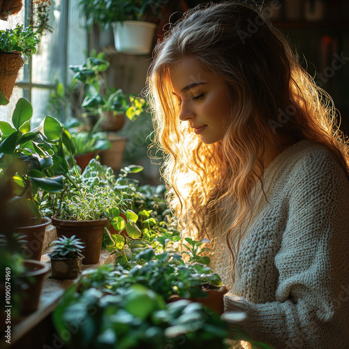 Young Woman Contemplating by Window with Plants