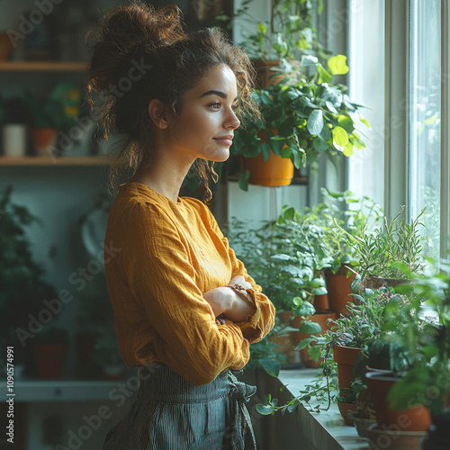 Woman tending to plants by a window
