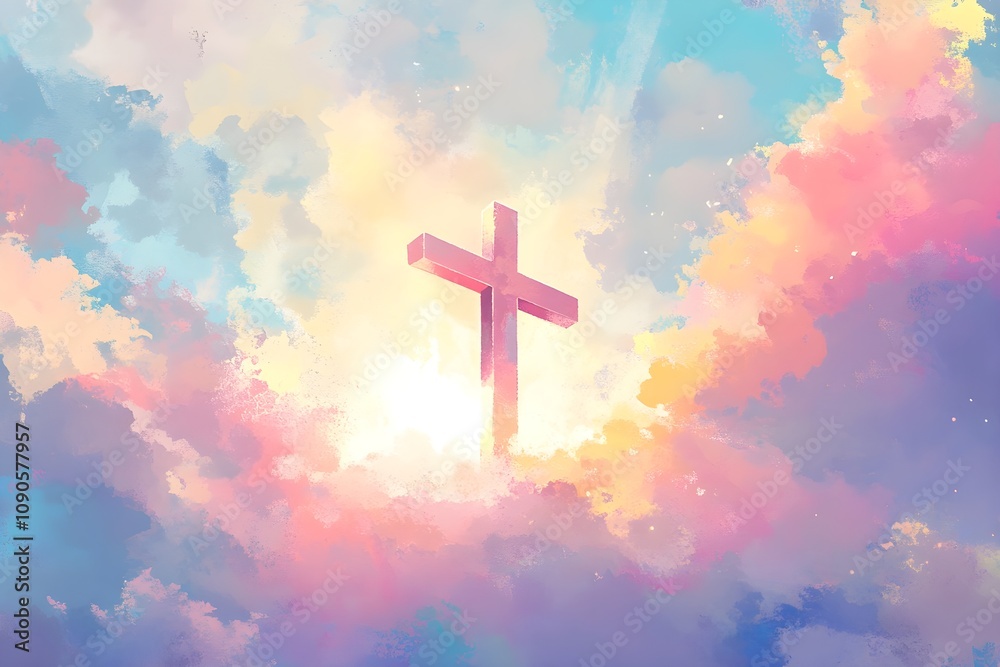 A colorful painting of a cross in the sky A colorful painting of a cross in the sky