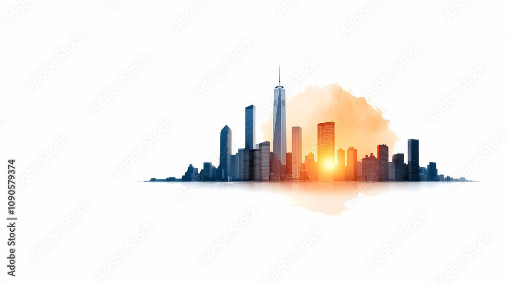 Fototapeta premium Modern city skyline vector illustration with sunset