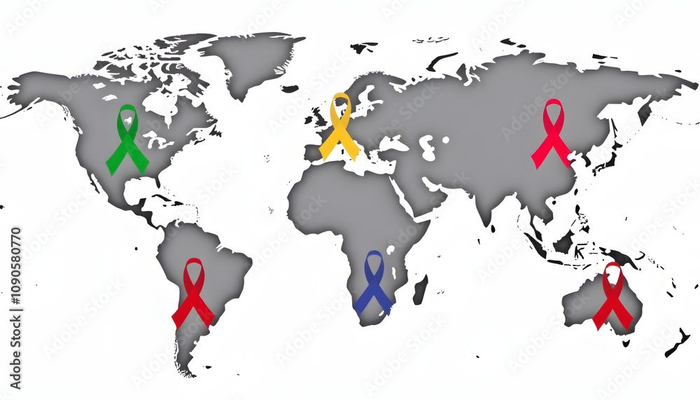 Fototapeta premium World map with colored ribbons marking regions, symbolizing global cancer awareness efforts