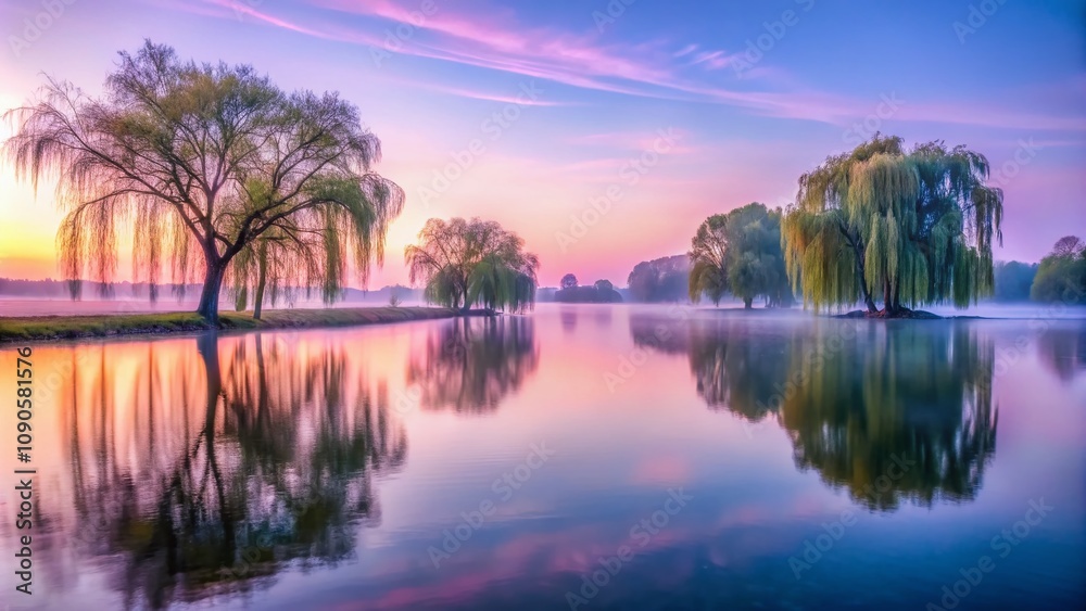 Obraz premium Serene Long Exposure of a Misty Lake Landscape Framed by Graceful Weeping Willow Trees at Dawn, Capturing Tranquility and Natural Beauty in Soft, Dreamy Hues