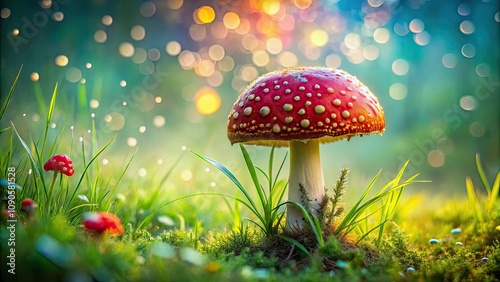 Wallpaper Mural Vibrant Red Mushroom in Grassy Meadow with Bokeh Background, Nature Photography, Fungi, Forest Floor, Macro Shot, Colorful Flora, Outdoor Scenery, Summer Vibes, Natural Beauty, Botanical Art Torontodigital.ca