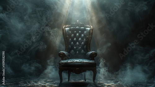 Ornate throne chair in smoky, dark room, lit by spotlight. photo