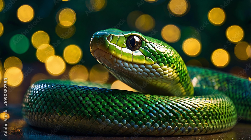Obraz premium Happy New Year 2025. The symbol of the year is a green snake on the background of a Christmas tree. A festive poster or banner for a party and New Year's Eve.