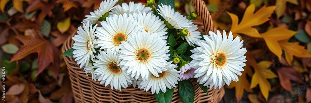 Obraz premium Chrysanthemum bouquet placed on a vintage wicker basket amidst lush greenery and autumn leaves, natural beauty, wicker basket, floral arrangement